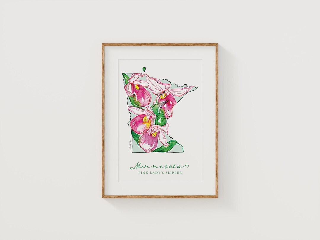 MINNESOTA Pink Lady Slipper State Flower Art Print Fine Art Floral Map ...