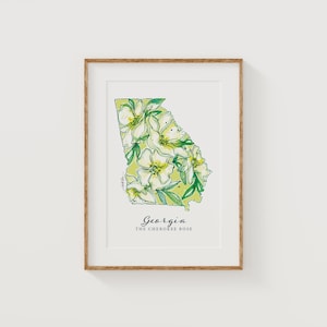 GEORGIA Cherokee Rose State Flower Art Print Fine Art Floral Map Poster Wall Art Unique Housewarming Military Christmas Gift