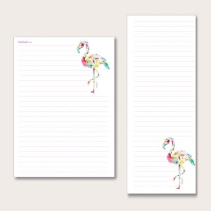 May include: Two lined notepads with a floral flamingo design. The top notepad has the word "notes" written on it.
