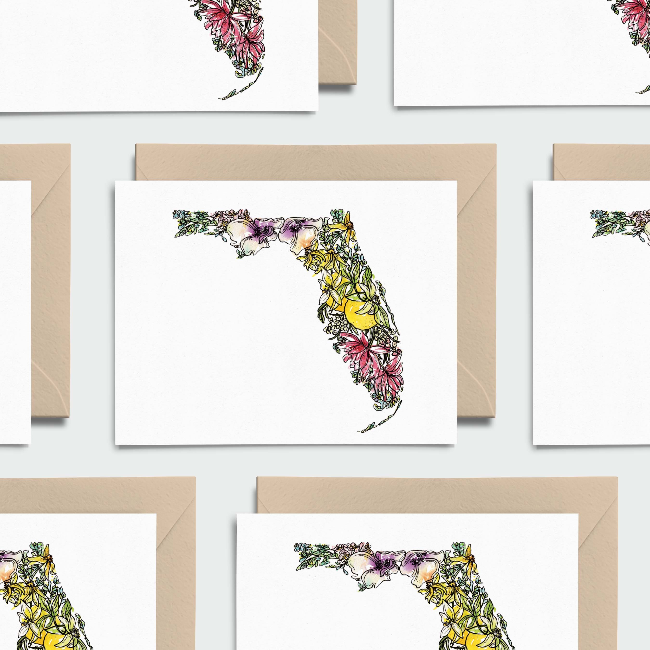 FLORIDA Floral BOX SET of 8 Blank Note Cards With Envelopes Housewarming  Military Vacation Multi Occasion Card Unique Moving Gift 