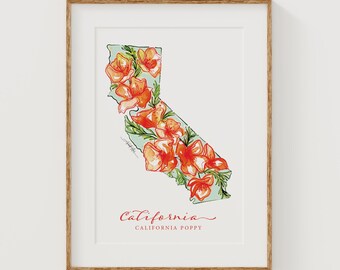 CALIFORNIA Poppy State Flower Fine Art Print | Botanical Map | State Floral Home Decor | Canvas or Giclee Framed Wall Art