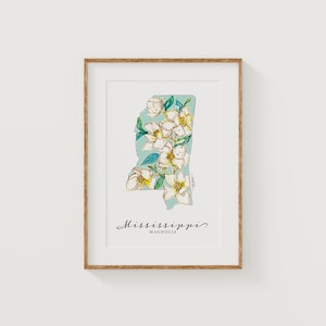 MISSISSIPPI Magnolia State Flower Art Print Fine Art Floral carte affiche Art mural Cadeau de Noël militaire unique de pendaison de crémaillère