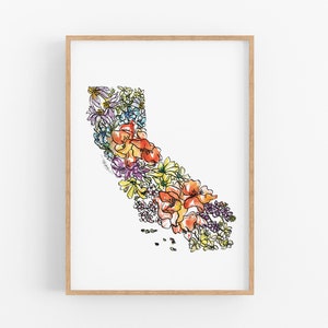 CALIFORNIA Flowers State Art Print Fine Art Floral Map Poster Wall Art Unique Housewarming Military California Christmas Gift image 1