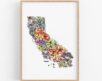 CALIFORNIA Flowers State Art Print Fine Art Floral Map Poster Wall Art Unique Housewarming Military California Christmas Gift