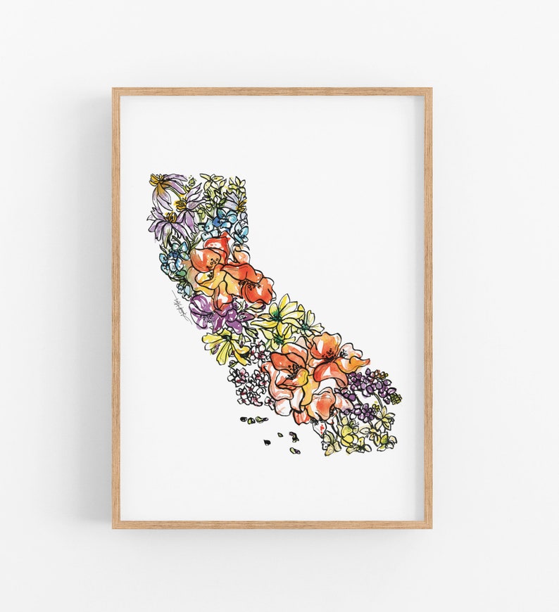 CALIFORNIA Flowers State Art Print Fine Art Floral Map Poster Wall Art Unique Housewarming Military California Christmas Gift image 1