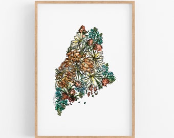 MAINE State Fine Art Print: Map of Maine featuring local state wildflowers  Art prints, Housewarming gift, anniversary gift, Christmas gifts