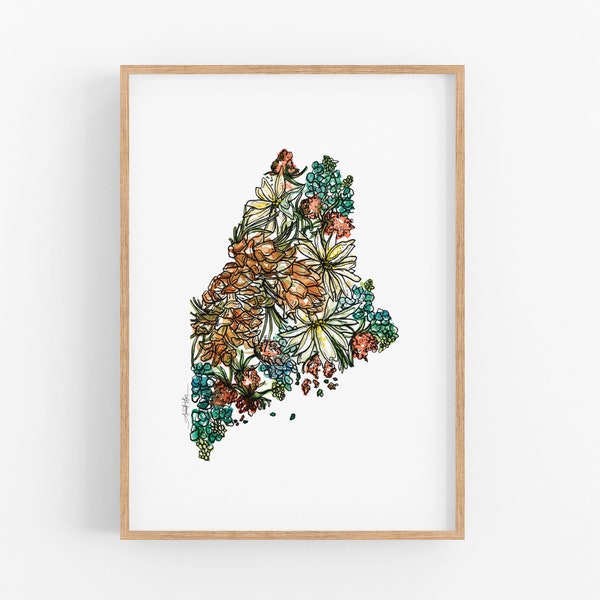 MAINE Flowers State Art Print Fine Art Floral Map Poster Wall Art Unique Housewarming Military Gift Christmas Gift