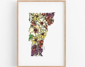 VERMONT Flowers State Art Print Fine Art Floral Map Poster Wall Art Unique Housewarming Military Gift Christmas Gift