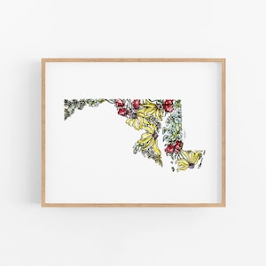 MARYLAND Wildflowers State Art Print Fine Art Floral Map Poster Wall Art Unique Housewarming Military Gift Christmas Gift