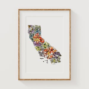 CALIFORNIA Wildflowers Fine Art Print | Botanical Map | State Floral Home Decor | Canvas or Giclee Framed Wall Art