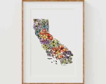 CALIFORNIA Wildflowers Fine Art Print | Botanical Map | State Floral Home Decor | Canvas or Giclee Framed Wall Art