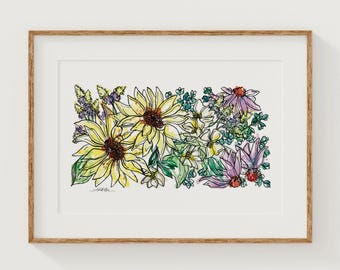 KANSAS Wildflowers Fine Art Print | Botanical Map | State Floral Home Decor | Canvas or Giclee Framed Wall Art