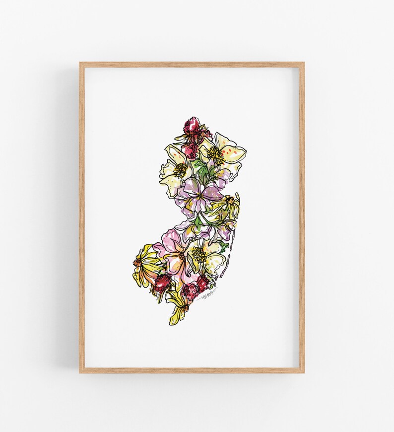 NEW JERSEY Wildflowers State Art Print Fine Art Floral Map Poster Wall Art Unique Housewarming Military Gift Christmas Gift