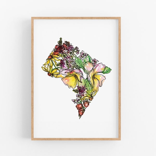 District of Columbia WASHINGTON DC Flowers State Art Print Fine Art Floral Map Poster Wall Art Unique Housewarming Military Christmas Gift