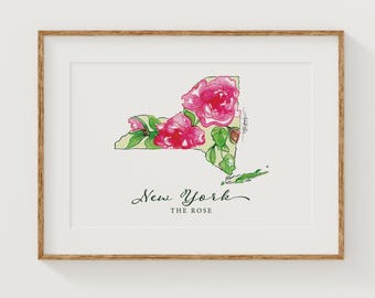 NEW YORK Rose State Flower Fine Art Print | Botanical Map | State Floral Home Decor | Canvas or Giclee Framed Wall Art