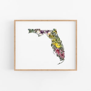 Impression d'art de l'état de fleurs de la Floride, carte d'art florale, affiche d'art mural, cadeau militaire unique de pendaison de crémaillère, cadeau de Noël