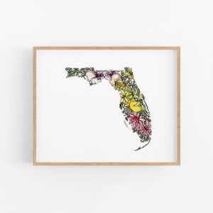 FLORIDA Flores Estado Arte Impresión Bellas Artes Floral Mapa Póster Arte de la pared Único inauguración de la casa Regalo militar Regalo de Navidad