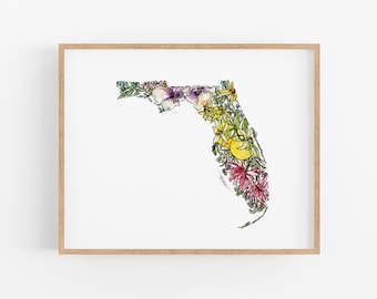 FLORIDA Flowers State Art Print Fine Art Floral Map Poster Wall Art Unique Housewarming Military Gift Christmas Gift