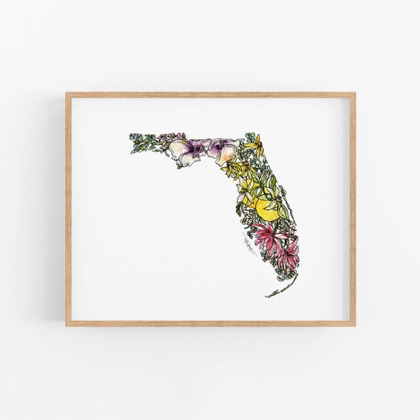 FLORIDA Flowers State Art Print Fine Art Floral Map Poster Wall Art Unique Housewarming Military Gift Christmas Gift