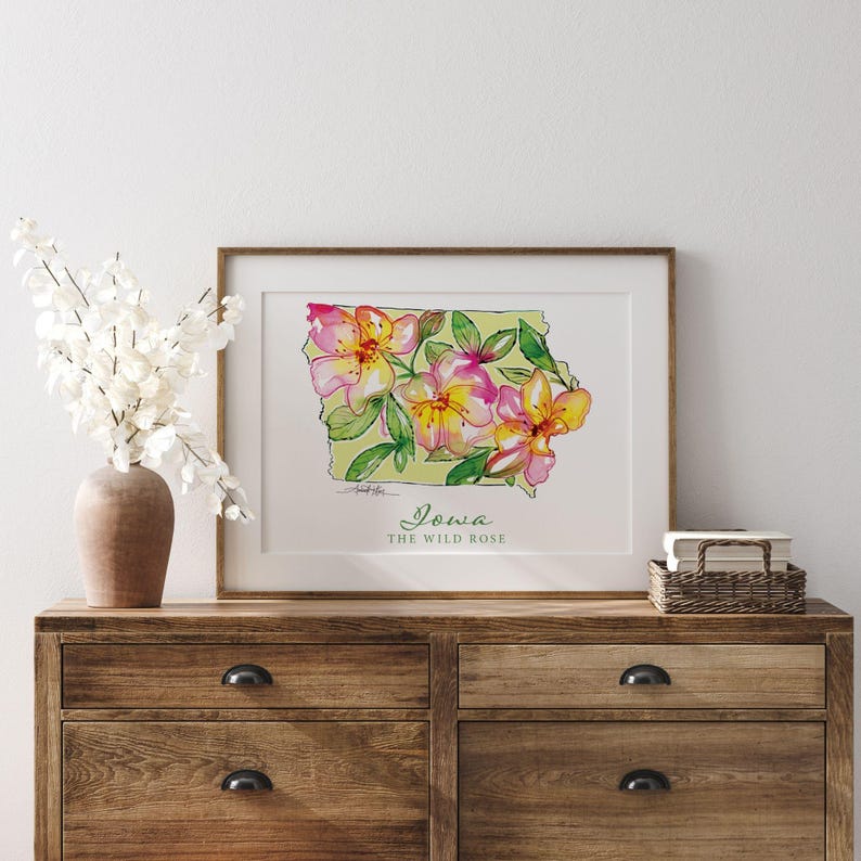 IOWA Wild Rose State Flower Fine Art Print | Botanical Map | State ...