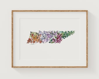 TENNESSEE Wildflowers Fine Art Print | Botanical Map | State Floral Home Decor | Canvas or Giclee Framed Wall Art