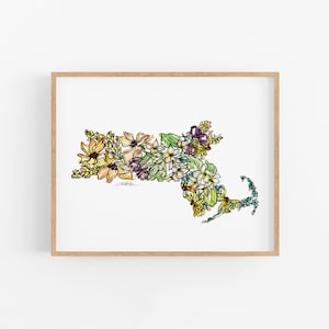 Impression d'art de fleurs sauvages du MASSACHUSETTS, impression d'art floral carte, affiche d'art mural, pendaison de crémaillère unique, cadeau militaire, cadeau de Noël