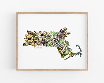 MASSACHUSETTS Flowers State Art Print Fine Art Floral Map Poster Wall Art Unique Housewarming Military Gift Christmas Gift