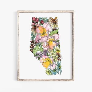 Impression d'art de fleurs sauvages de l'ALBERTA Canada, carte florale d'art, affiche d'art mural, cadeau militaire unique de pendaison de crémaillère, cadeau de Noël