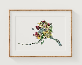 ALASKA Wildflowers Fine Art Print | Botanical Map | State Floral Home Decor | Canvas or Giclee Framed Wall Art