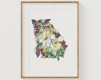 GEORGIA Wildflowers Fine Art Print | Botanical Map | State Floral Home Decor | Canvas or Giclee Framed Wall Art