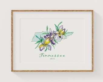 TENNESSEE Iris State Flower Fine Art Print | Botanical Map | State Floral Home Decor | Canvas or Giclee Framed Wall Art