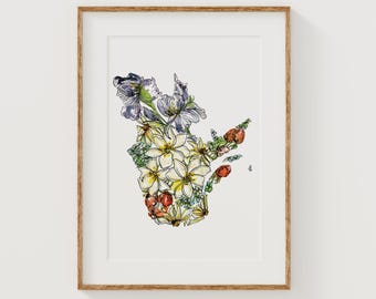 QUEBEC Wildflowers Fine Art Print | Botanical Map | Canada Floral Home Decor | Canvas or Giclee Framed Wall Art