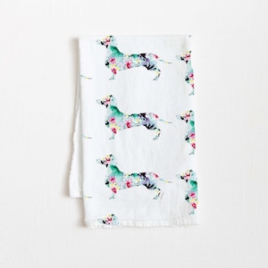 Dachshund Flour Sack Tea Towel 27&quot;x17&quot; cotton floral watercolor gift for her him housewarming kitchen decor Christmas birthday gift