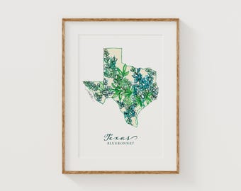 TEXAS Bluebonnet State Flower Fine Art Print | Botanical Map | State Floral Home Decor | Canvas or Giclee Framed Wall Art