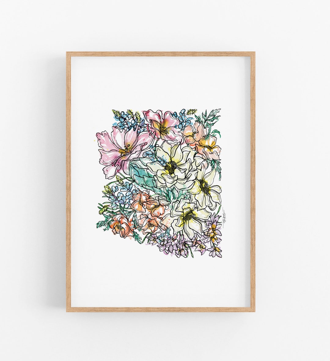 ARIZONA Flowers State Art Print Fine Art Floral Map Poster Wall Art ...