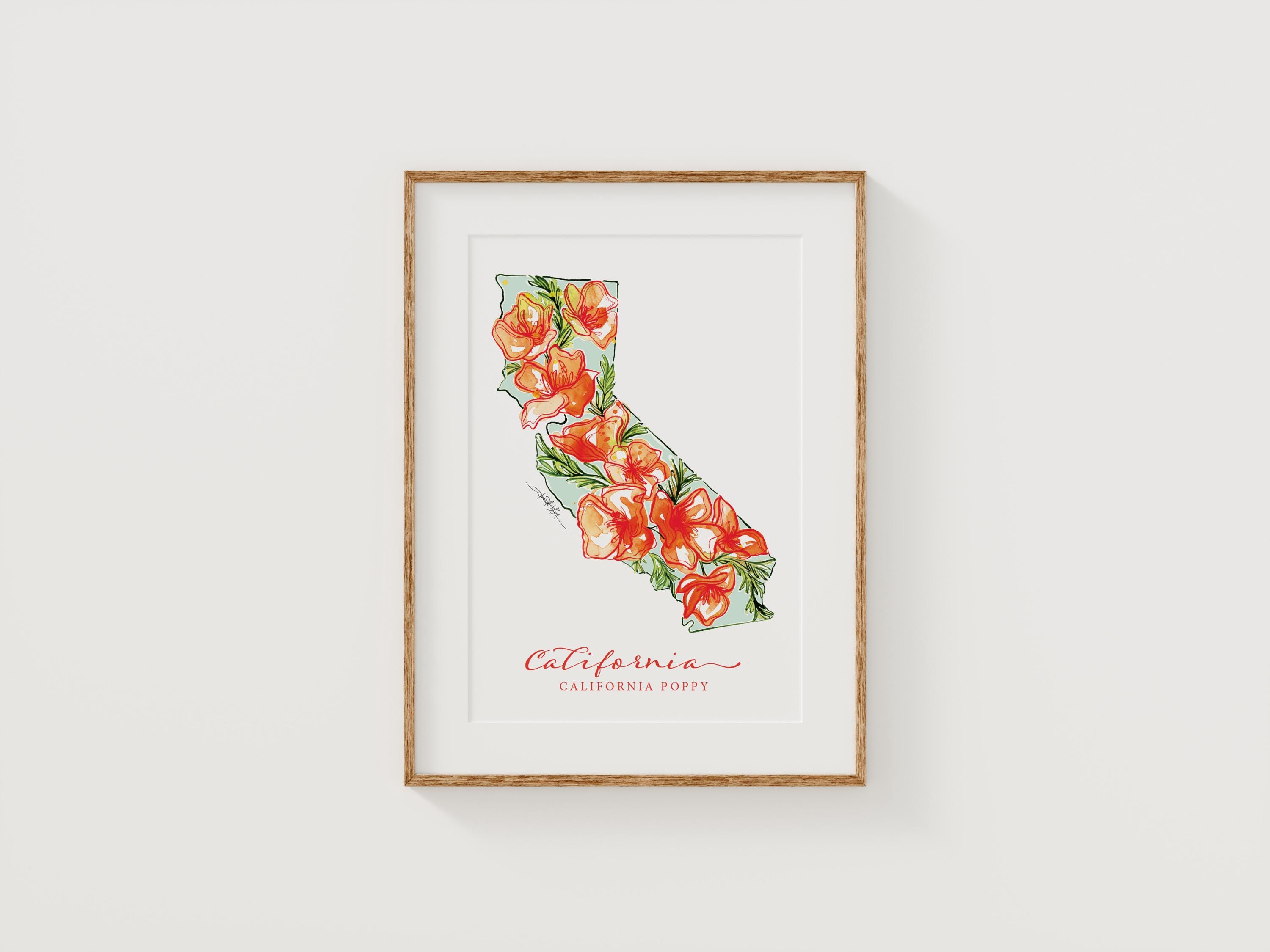 CALIFORNIA Poppy State Flower Art Print Fine Art Floral Map Poster Wall Art Unique Housewarming Military Christmas Gift