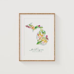 Impression d'art fleur de pommier du Michigan, impression d'art carte florale, affiche d'art mural cadeau de Noël militaire unique de pendaison de crémaillère