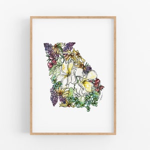 GEORGIA Flowers State Art Print Fine Art Floral Map Poster Wall Art Unique Housewarming Military Gift Christmas Gift