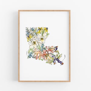 LOUISIANA Flowers State Art Print Fine Art Floral Map Poster Wall Art Unique Housewarming Military Gift Christmas Gift