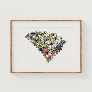 SOUTH CAROLINA Wildflowers Fine Art Print | Botanical Map | State Floral Home Decor | Canvas or Giclee Framed Wall Art