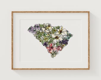 SOUTH CAROLINA Wildflowers Fine Art Print | Botanical Map | State Floral Home Decor | Canvas or Giclee Framed Wall Art