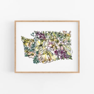 Impression d'art de l'état de fleurs sauvages de WASHINGTON, carte d'art florale, affiche d'art mural, cadeau militaire unique de pendaison de crémaillère, cadeau de Noël