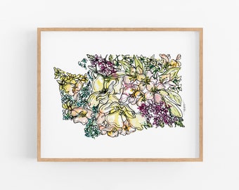 WASHINGTON Flowers State Art Print Fine Art Floral Map Poster Wall Art Unique Housewarming Military Gift Christmas Gift