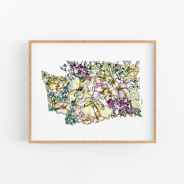 WASHINGTON Flowers State Art Print Fine Art Floral Map Poster Wall Art Unique Housewarming Military Gift Christmas Gift