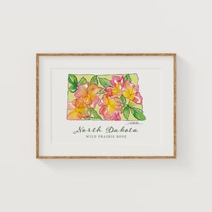 NORTH DAKOTA Wild Prairie Rose State Flower Art Print Fine Art Floral Map Poster Wall Art Unique Housewarming Military Christmas Gift