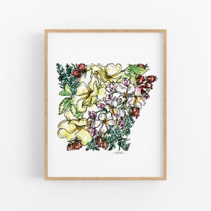 ARKANSAS Wildflowers State Art Print Fine Art Floral Map Poster Wall Art Unique Housewarming Military Christmas Gift
