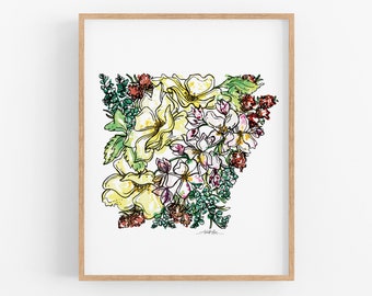 ARKANSAS Flowers State Art Print Fine Art Floral Map Poster Wall Art Unique Housewarming Military Gift Christmas Gift