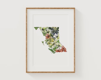 May include: A framed print featuring a floral design in the shape of a Canadian province. The artwork showcases a detailed outline filled with colorful flowers in shades of green, yellow, orange, and blue. The print is set in a wooden frame.
