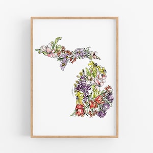 MICHIGAN Flowers State Art Print Fine Art Floral Map Poster Wall Art Unique Housewarming Military Gift Christmas Gift