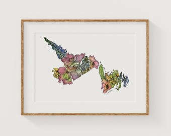 NEWFOUNDLAND AND LABRADOR  Wildflowers Canada Art Print Fine Art Floral Map Poster Wall Art Unique Housewarming Wedding Gift Christmas Gift